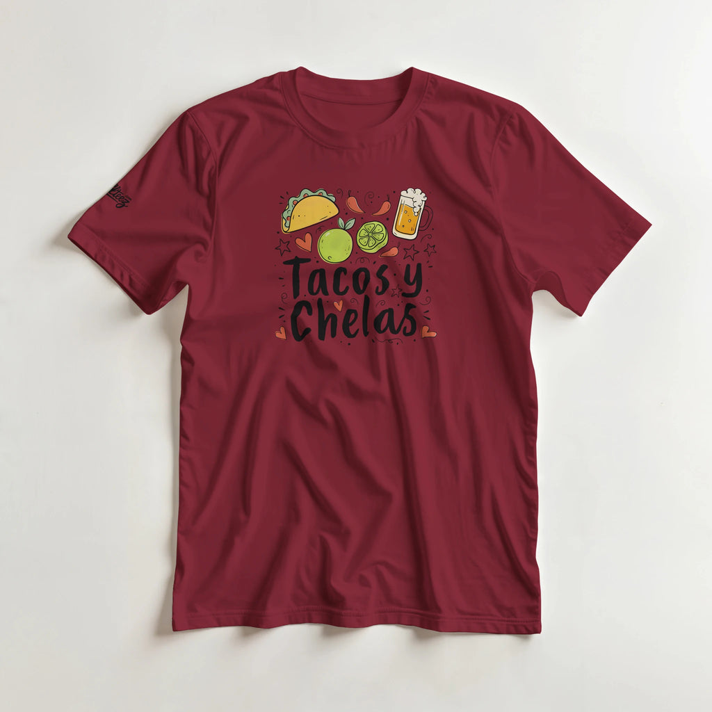 Tacos y Chelas doodle art Latina graphic tee Style 2 - Gildan 5000 heavyweight t-shirt mockup