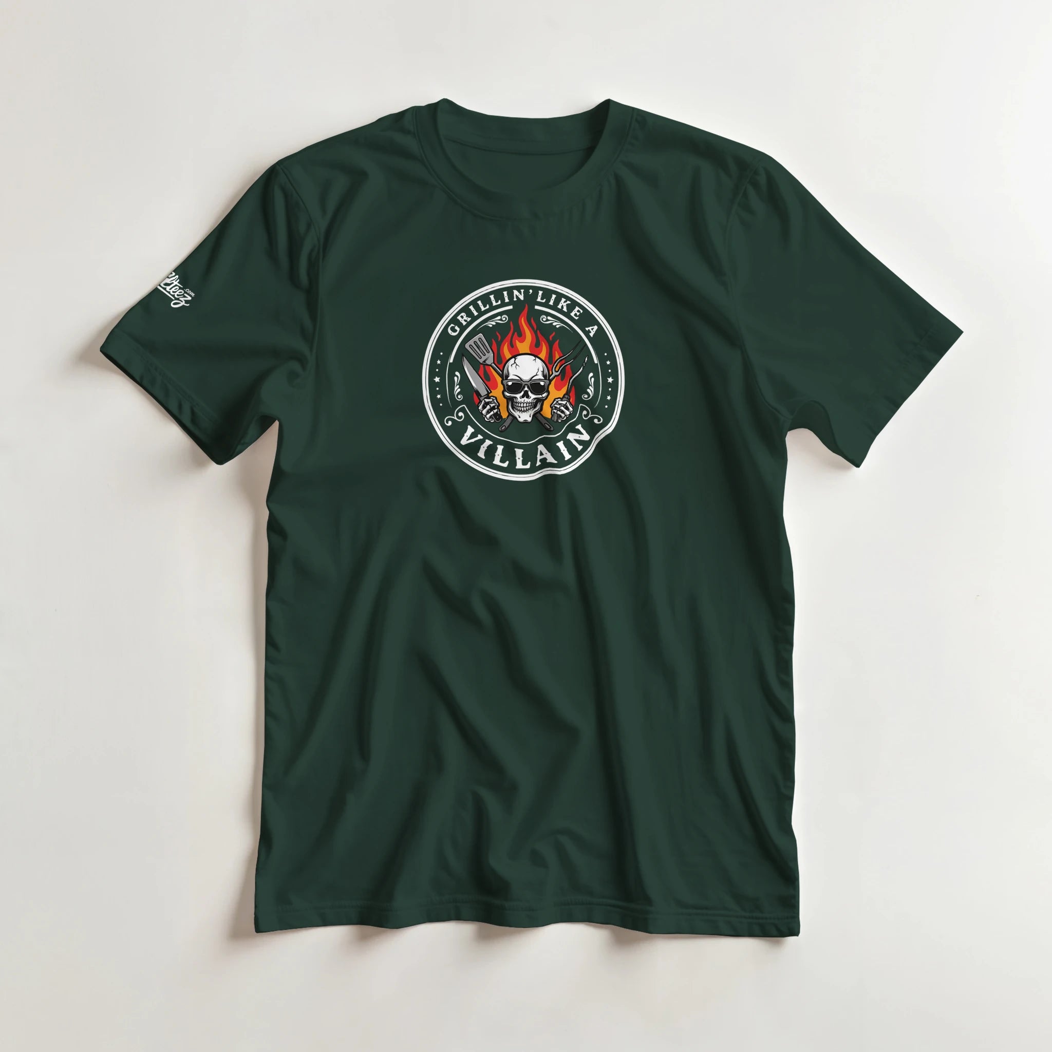 Grillin Like A Villain BBQ tee - flaming skull and crossed grill tools on dark shirt