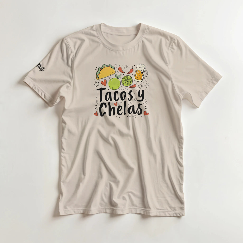 Tacos y Chelas doodle art Latina graphic tee Style 2 - Gildan 5000 heavyweight t-shirt mockup