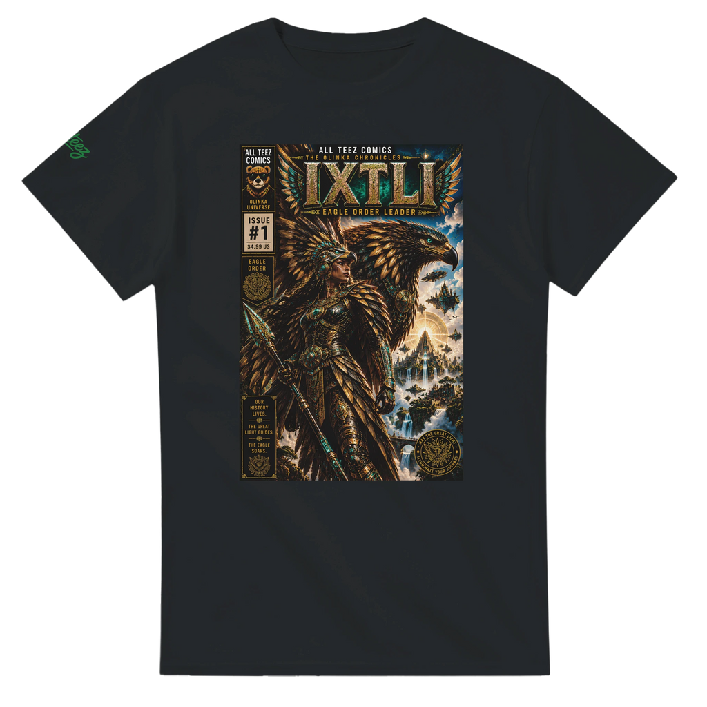 “Ixtli and Kauhtlan Eagle Order Leader comic cover graphic tee from The Olinka Chronicles featuring futuristic warrior armor and giant eagle companion”