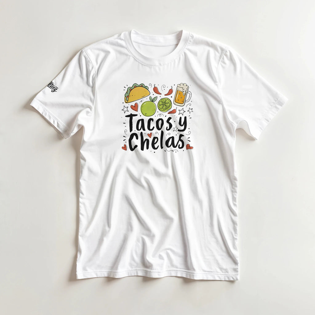 Tacos y Chelas doodle art Latina graphic tee Style 2 - Gildan 5000 heavyweight t-shirt mockup