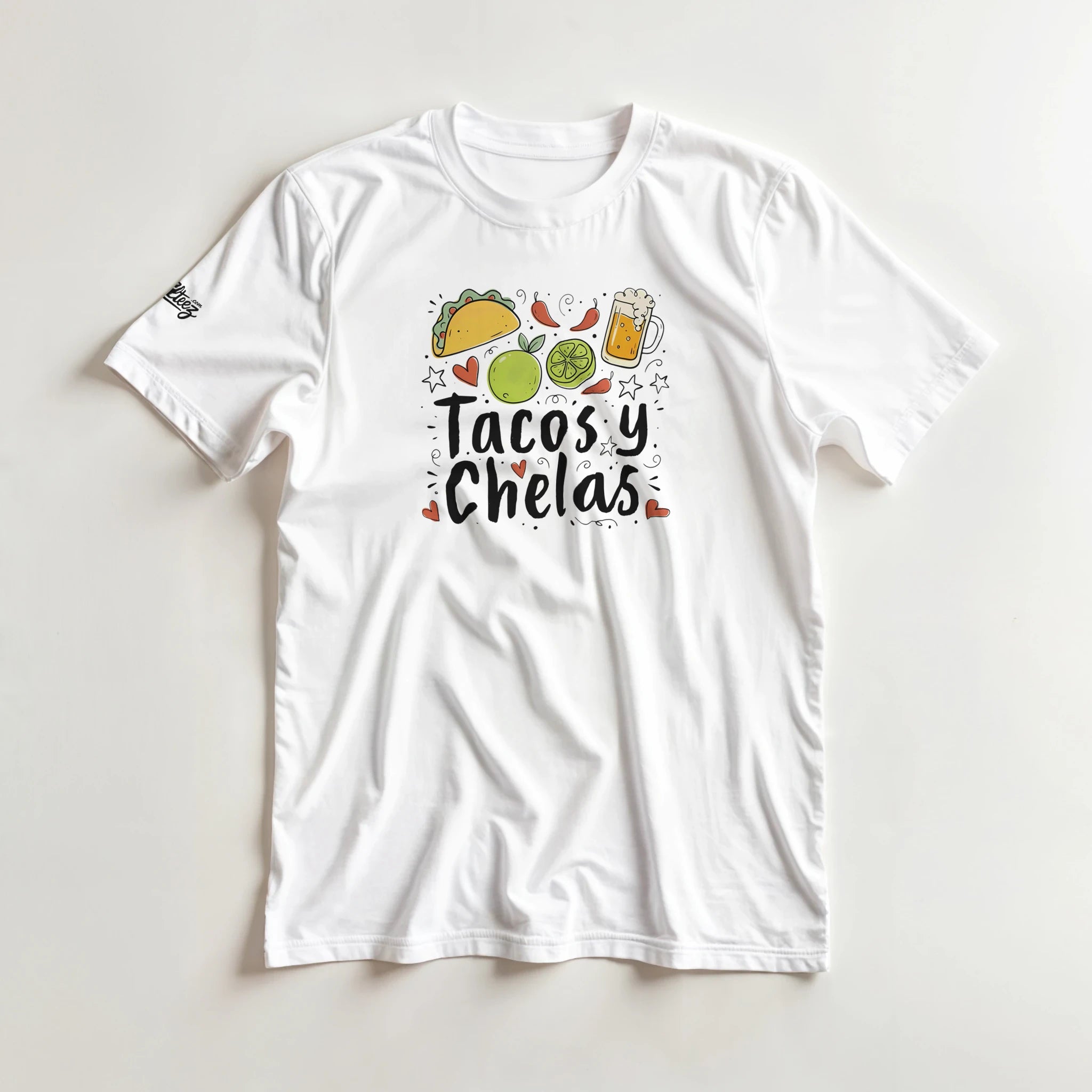 Tacos y Chelas doodle art Latina graphic tee Style 2 - Gildan 5000 heavyweight t-shirt mockup