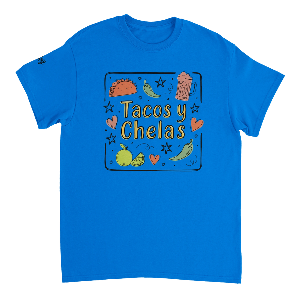 Tacos y Chelas doodle art Latina graphic tee Style 3 - Gildan 5000 heavyweight t-shirt mockup