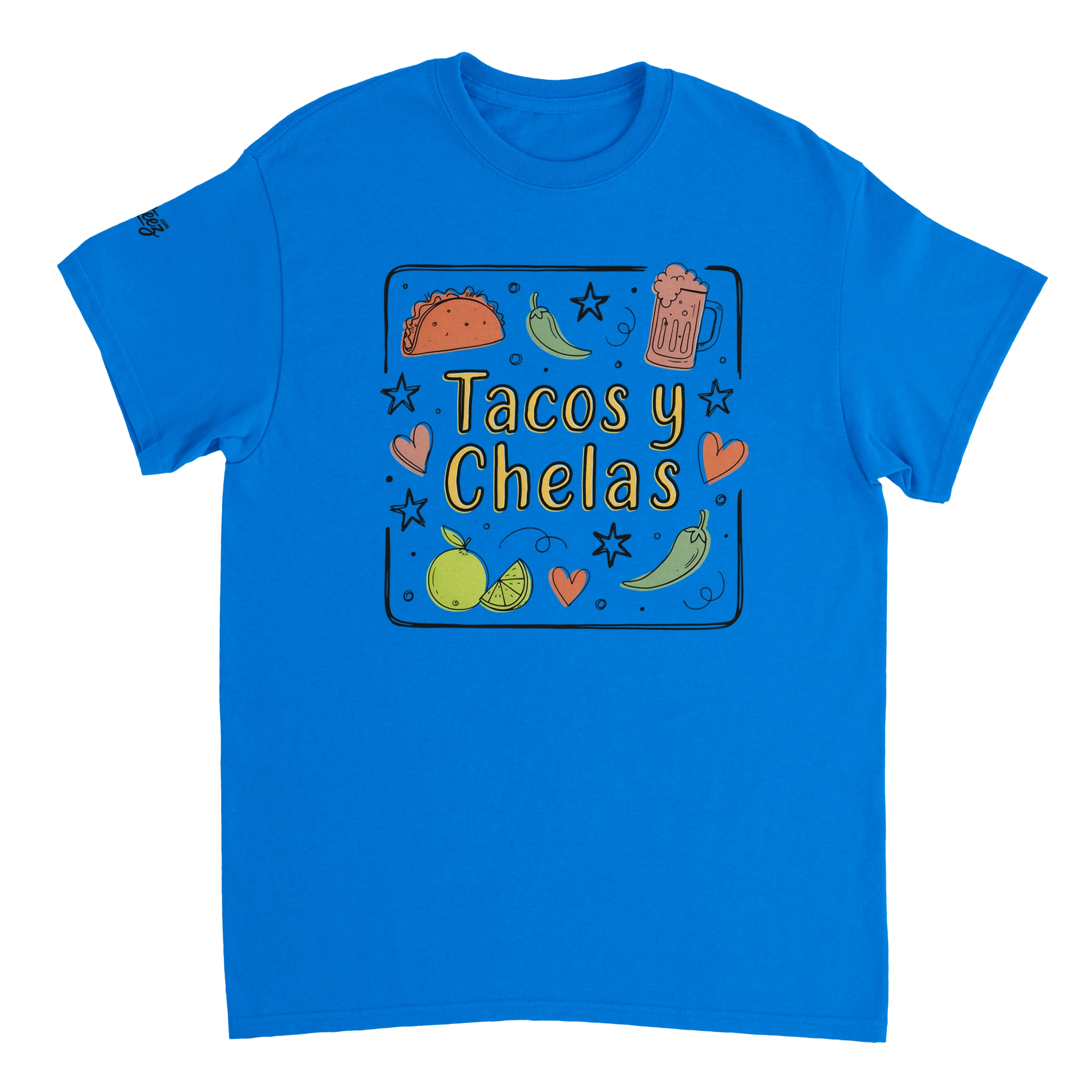 Tacos y Chelas doodle art Latina graphic tee Style 3 - Gildan 5000 heavyweight t-shirt mockup