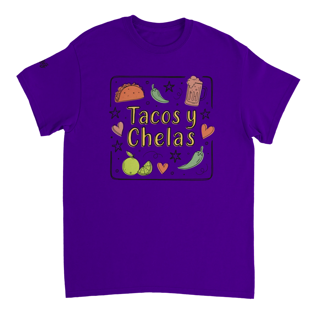 Tacos y Chelas doodle art Latina graphic tee Style 3 - Gildan 5000 heavyweight t-shirt mockup