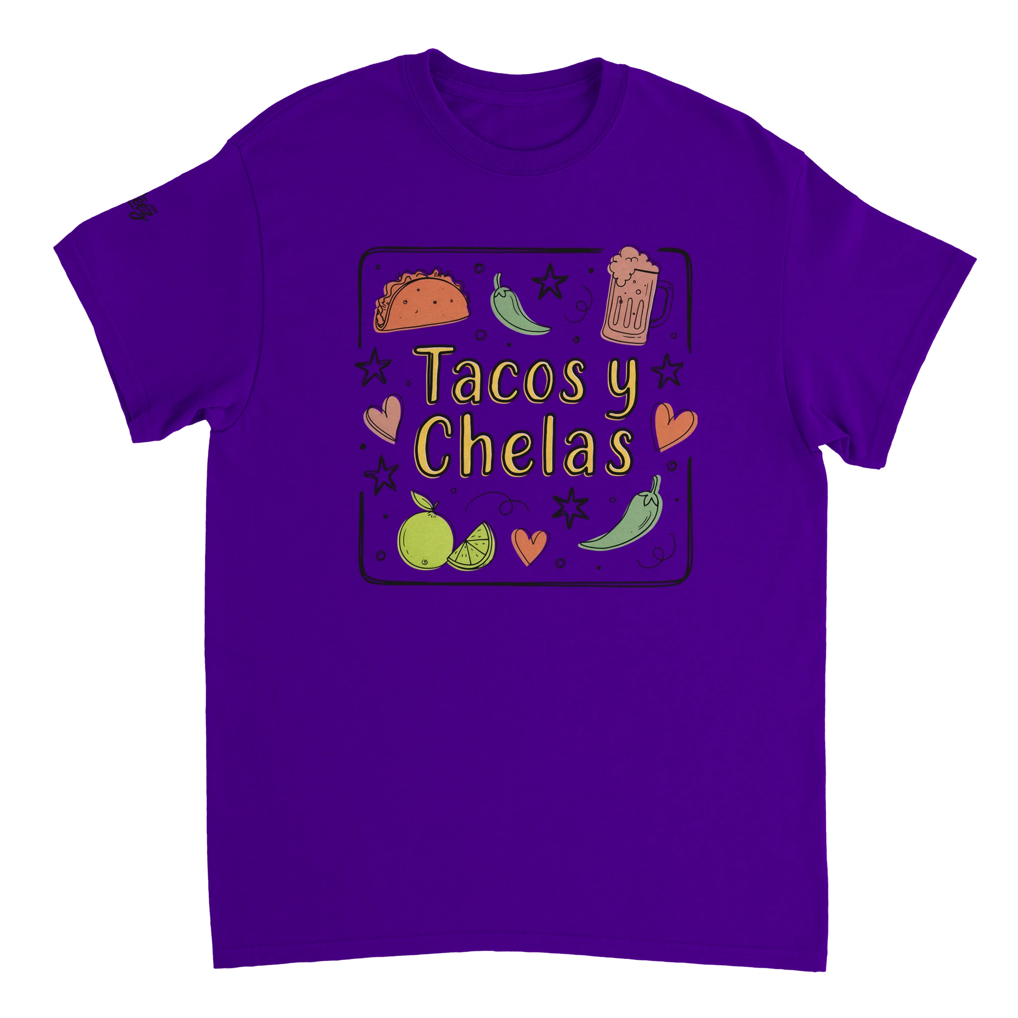 Tacos y Chelas doodle art Latina graphic tee Style 3 - Gildan 5000 heavyweight t-shirt mockup