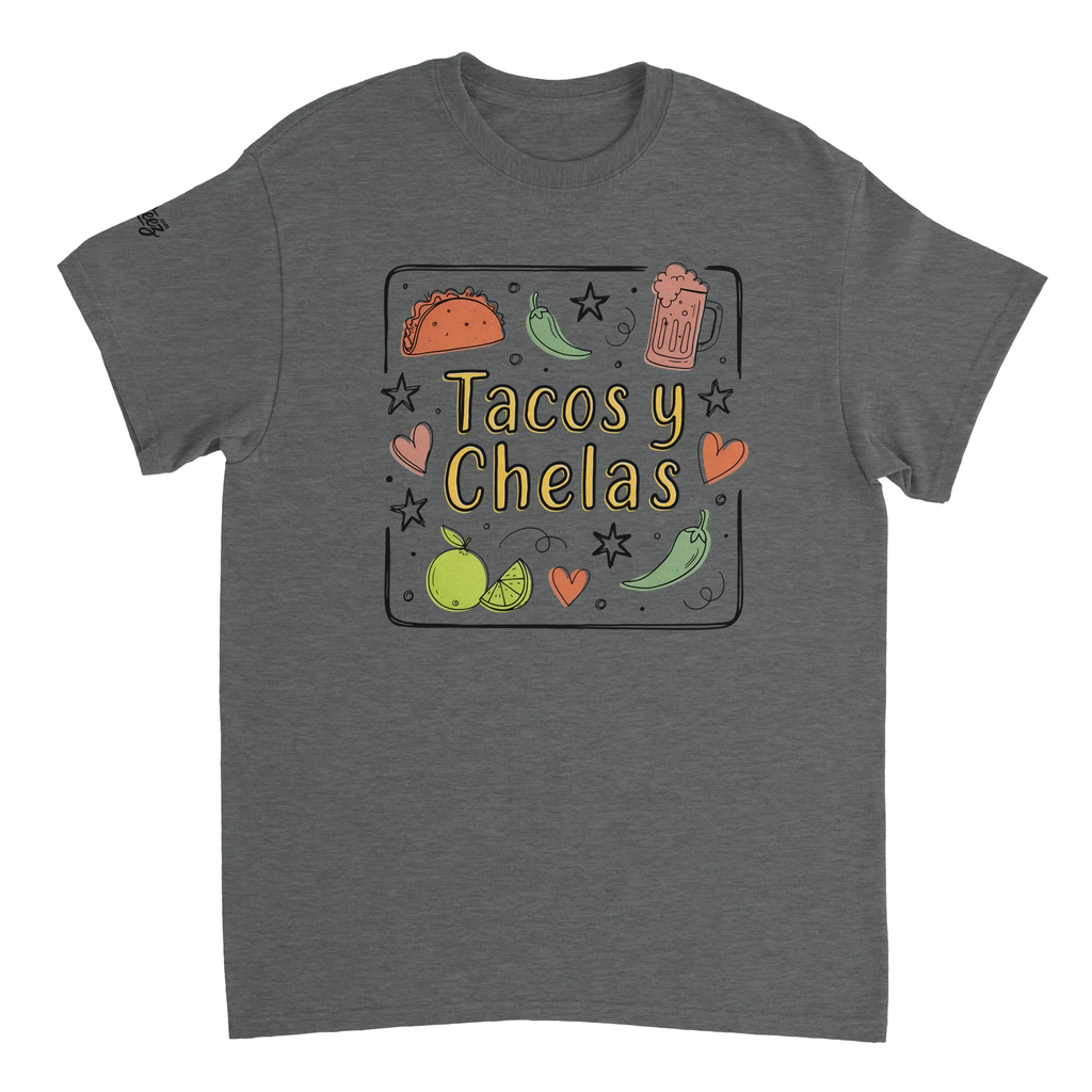 Tacos y Chelas doodle art Latina graphic tee Style 3 - Gildan 5000 heavyweight t-shirt mockup