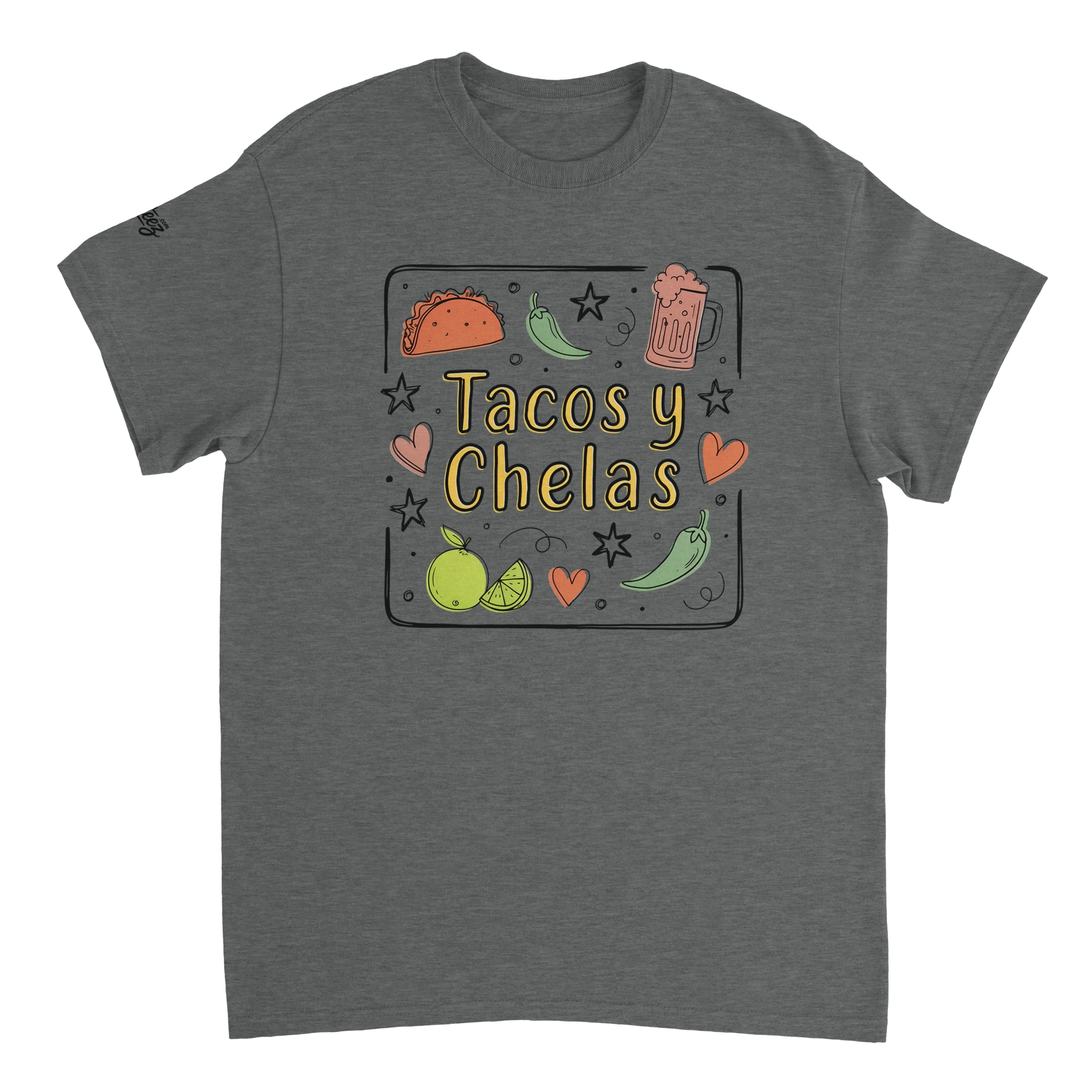 Tacos y Chelas doodle art Latina graphic tee Style 3 - Gildan 5000 heavyweight t-shirt mockup