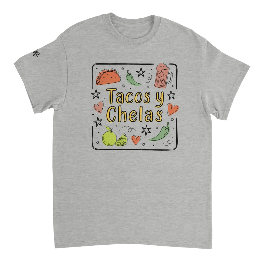 Tacos y Chelas doodle art Latina graphic tee Style 3 - Gildan 5000 heavyweight t-shirt mockup