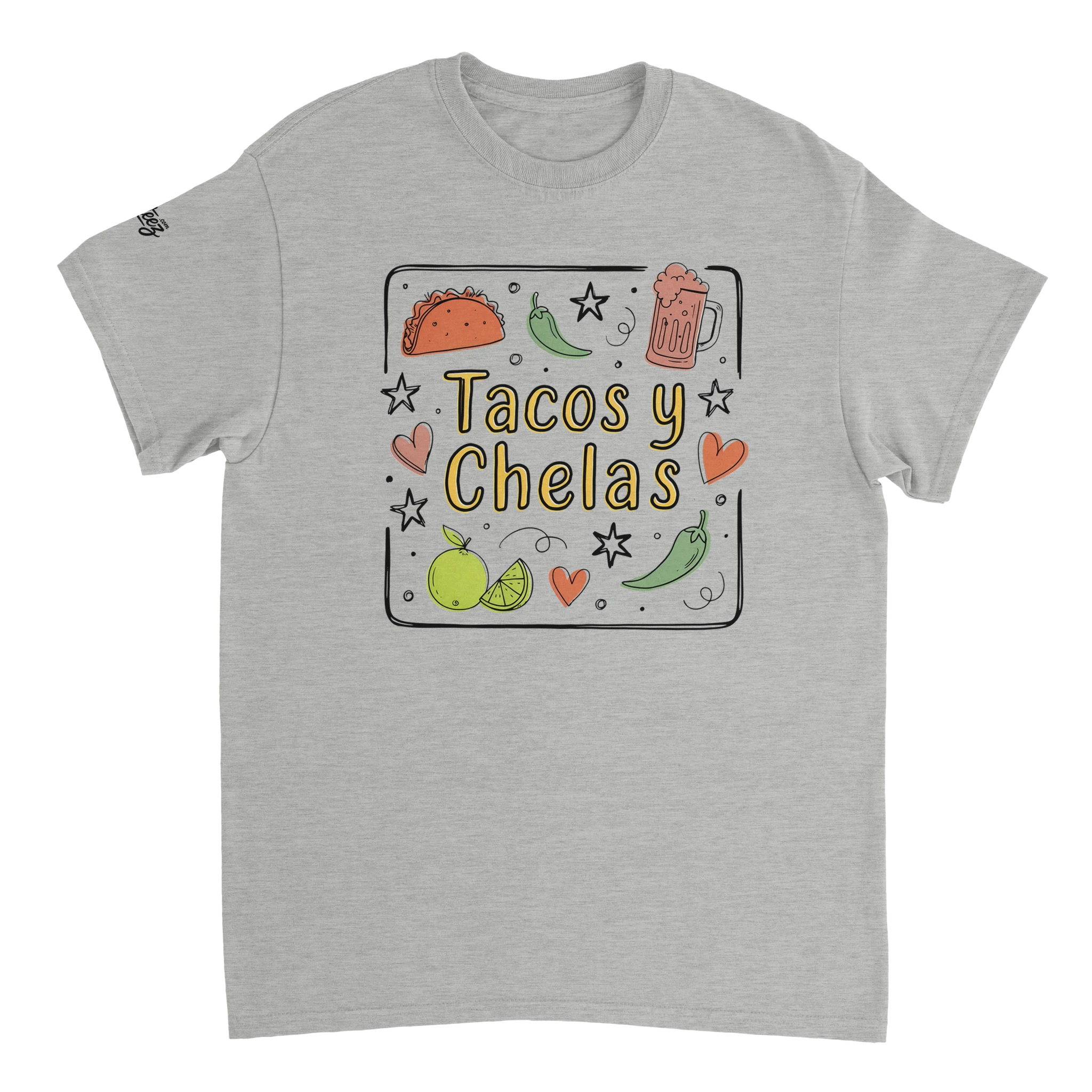 Tacos y Chelas doodle art Latina graphic tee Style 3 - Gildan 5000 heavyweight t-shirt mockup