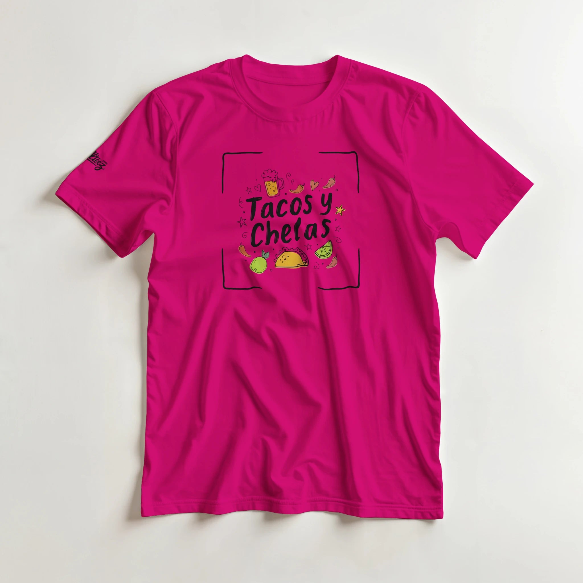 Tacos y Chelas doodle art Latina graphic tee Style 4 - Gildan 5000 heavyweight t-shirt mockup