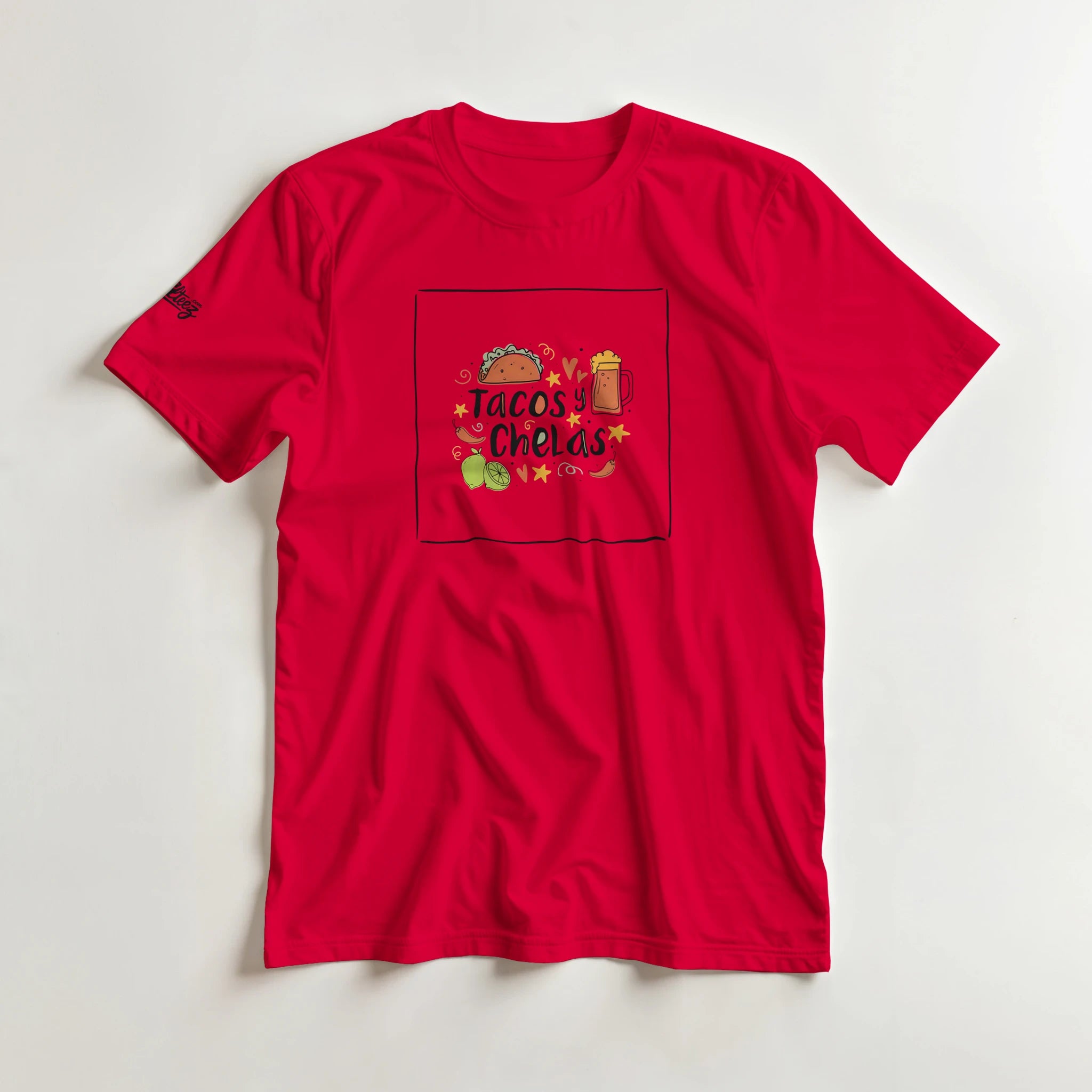 Tacos y Chelas doodle art Latina graphic tee Style 1 - Gildan 5000 heavyweight t-shirt mockup