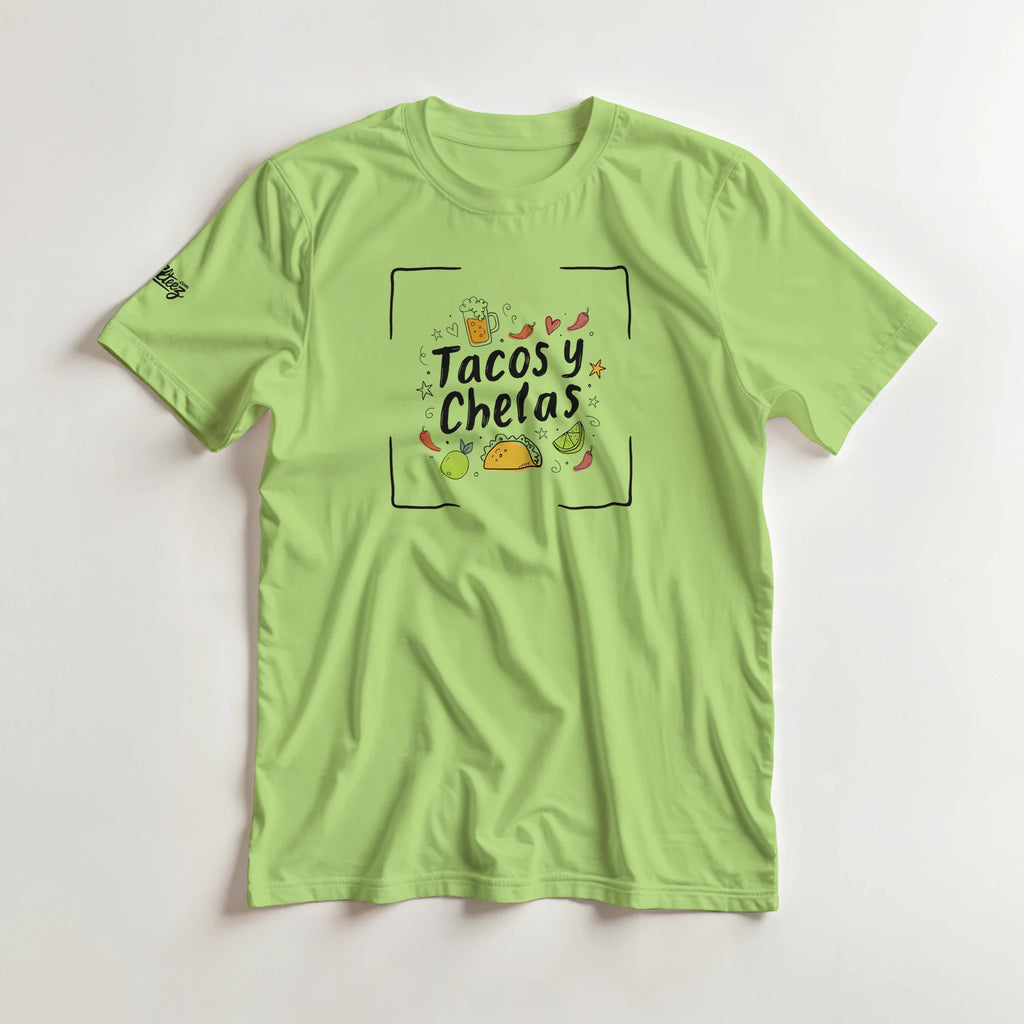Tacos y Chelas doodle art Latina graphic tee Style 4 - Gildan 5000 heavyweight t-shirt mockup