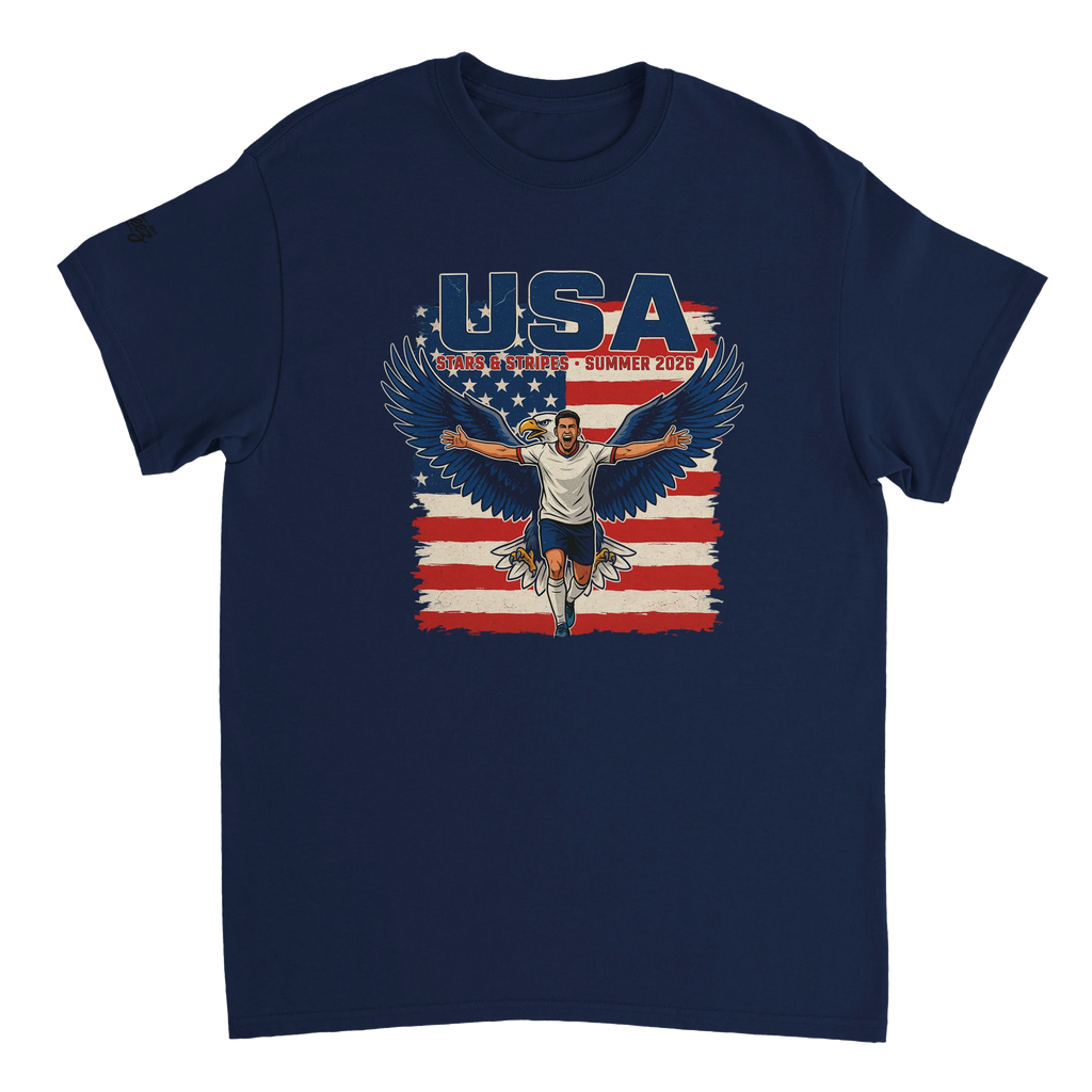USA soccer Stars & Stripes vintage graphic tee - patriotic red white blue Summer 2026 design