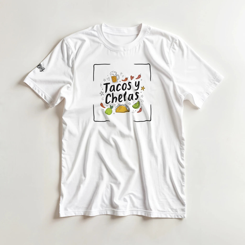 Tacos y Chelas doodle art Latina graphic tee Style 4 - Gildan 5000 heavyweight t-shirt mockup