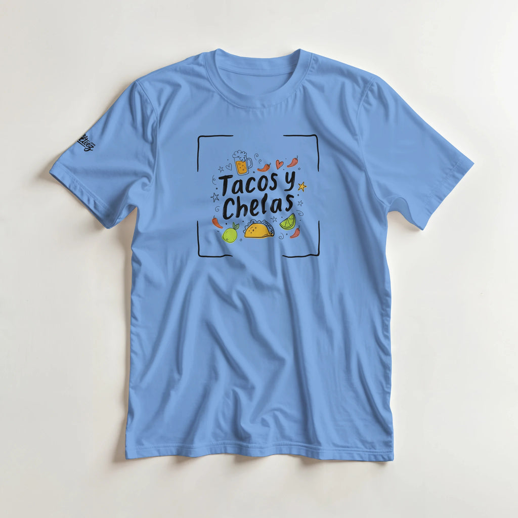 Tacos y Chelas doodle art Latina graphic tee Style 4 - Gildan 5000 heavyweight t-shirt mockup