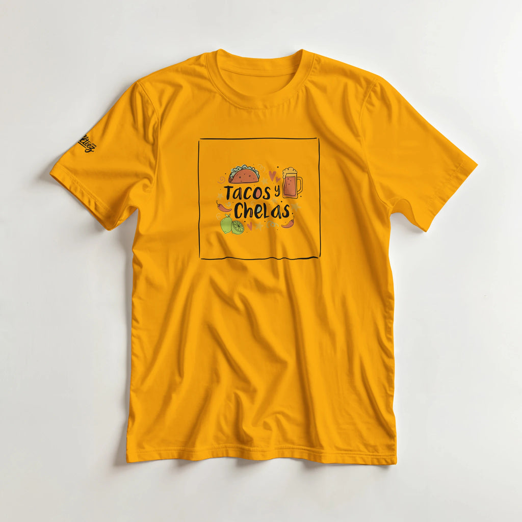 Tacos y Chelas doodle art Latina graphic tee Style 1 - Gildan 5000 heavyweight t-shirt mockup