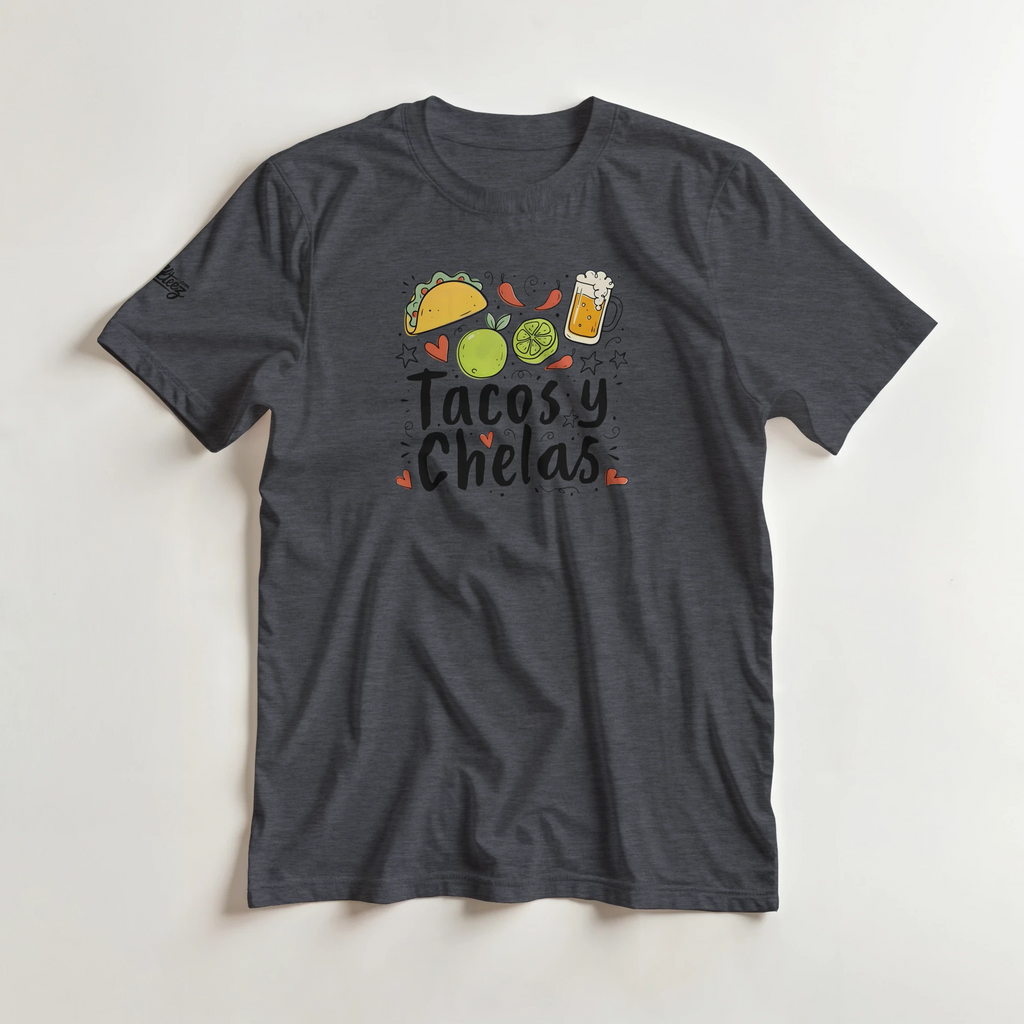 Tacos y Chelas doodle art Latina graphic tee Style 2 - Gildan 5000 heavyweight t-shirt mockup