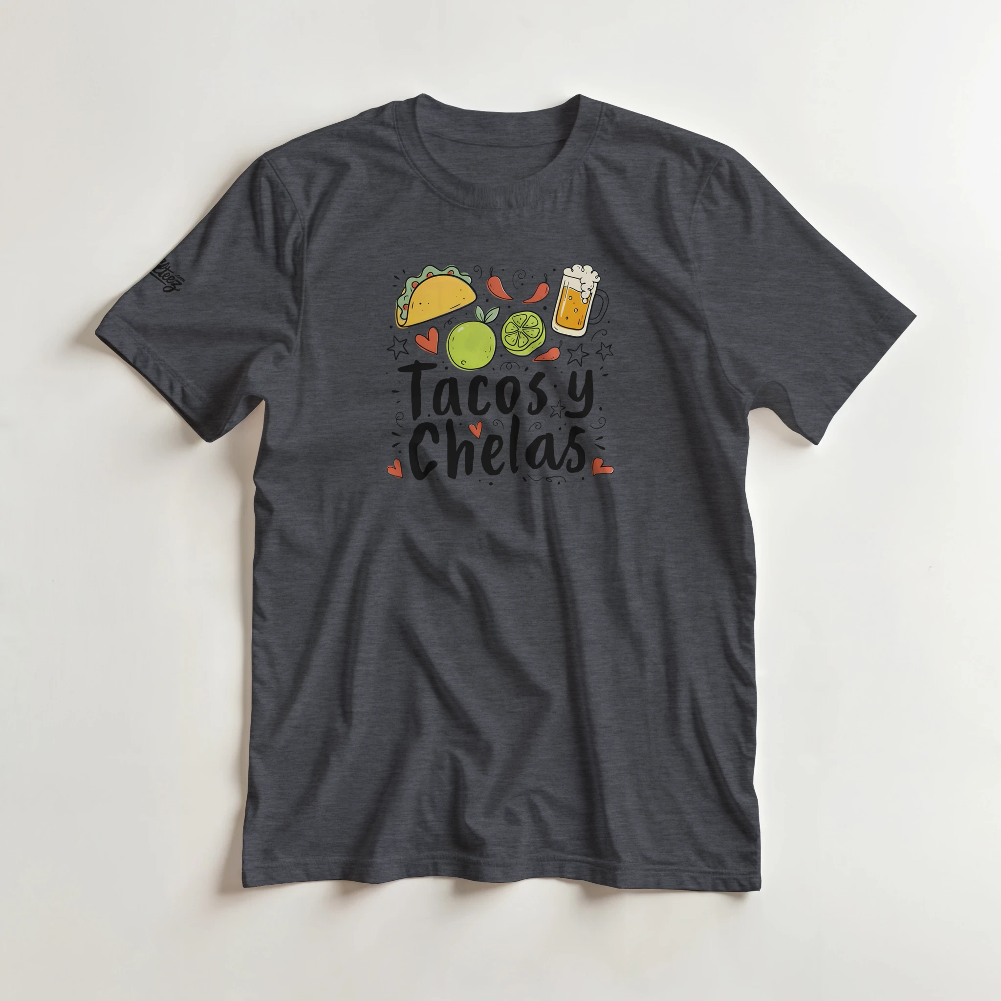 Tacos y Chelas doodle art Latina graphic tee Style 2 - Gildan 5000 heavyweight t-shirt mockup