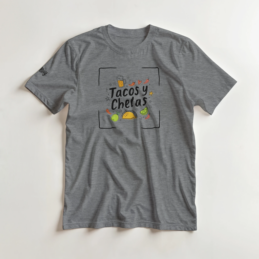 Tacos y Chelas doodle art Latina graphic tee Style 4 - Gildan 5000 heavyweight t-shirt mockup