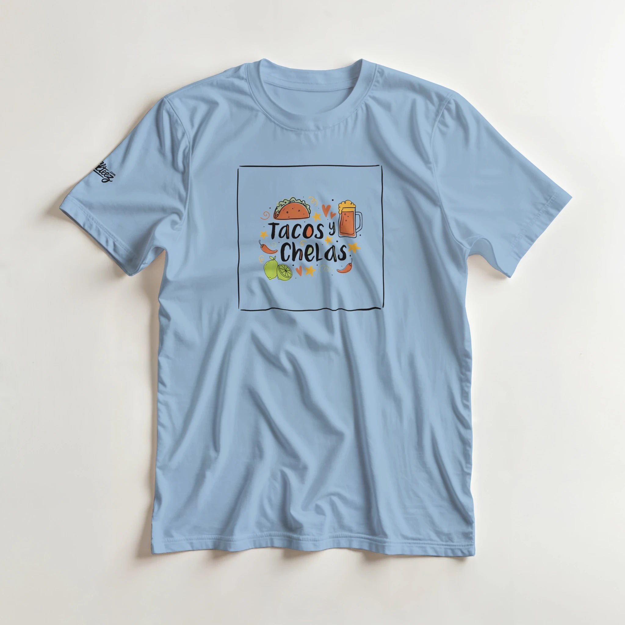 Tacos y Chelas doodle art Latina graphic tee Style 1 - Gildan 5000 heavyweight t-shirt mockup