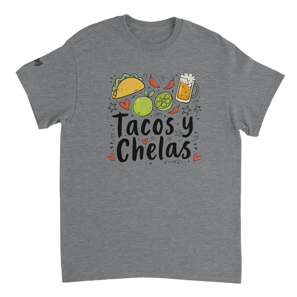 Tacos y Chelas doodle art Latina graphic tee Style 2 - Gildan 5000 heavyweight t-shirt mockup