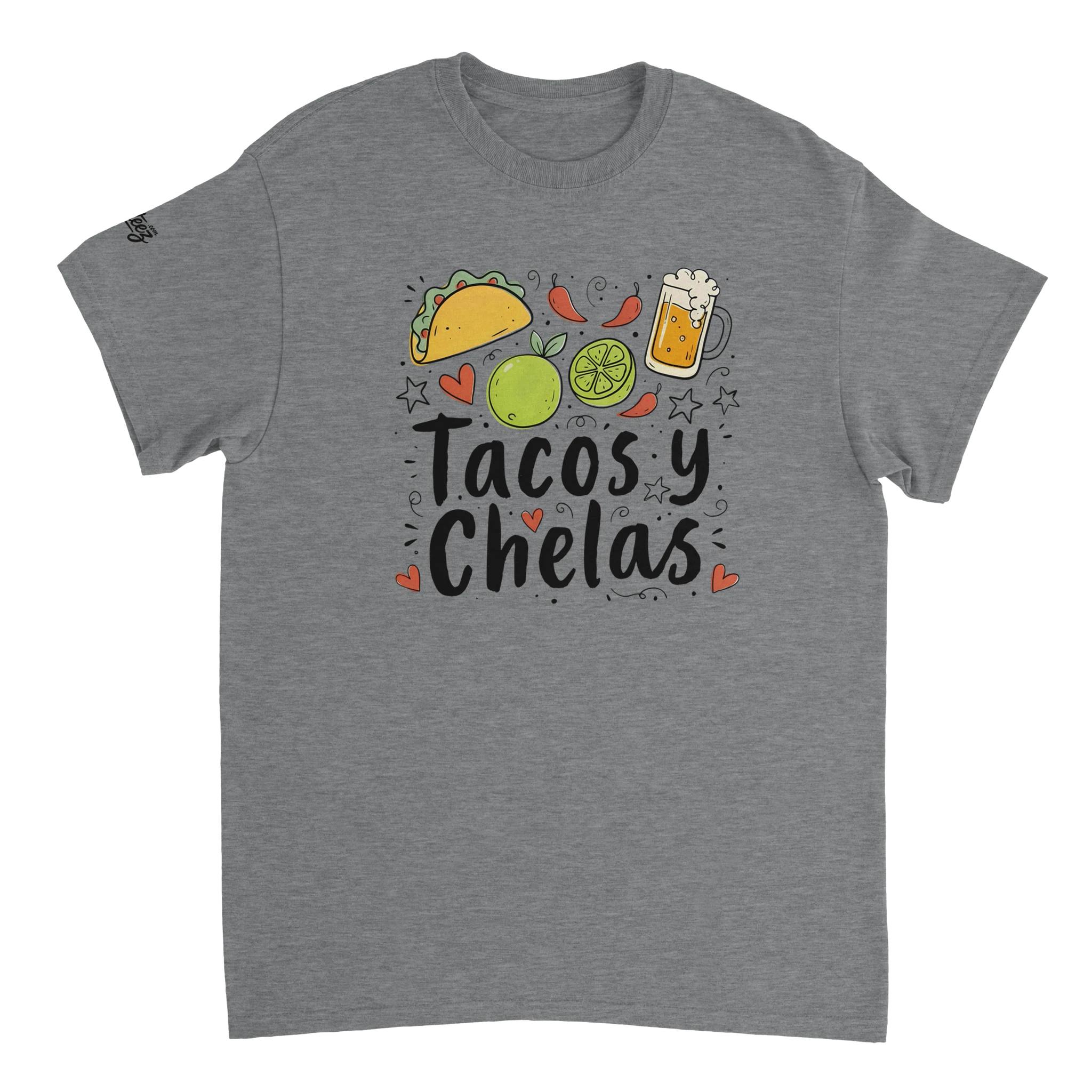 Tacos y Chelas doodle art Latina graphic tee Style 2 - Gildan 5000 heavyweight t-shirt mockup
