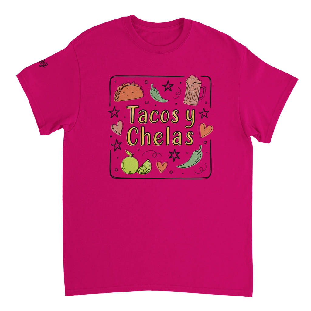 Tacos y Chelas doodle art Latina graphic tee Style 3 - Gildan 5000 heavyweight t-shirt mockup