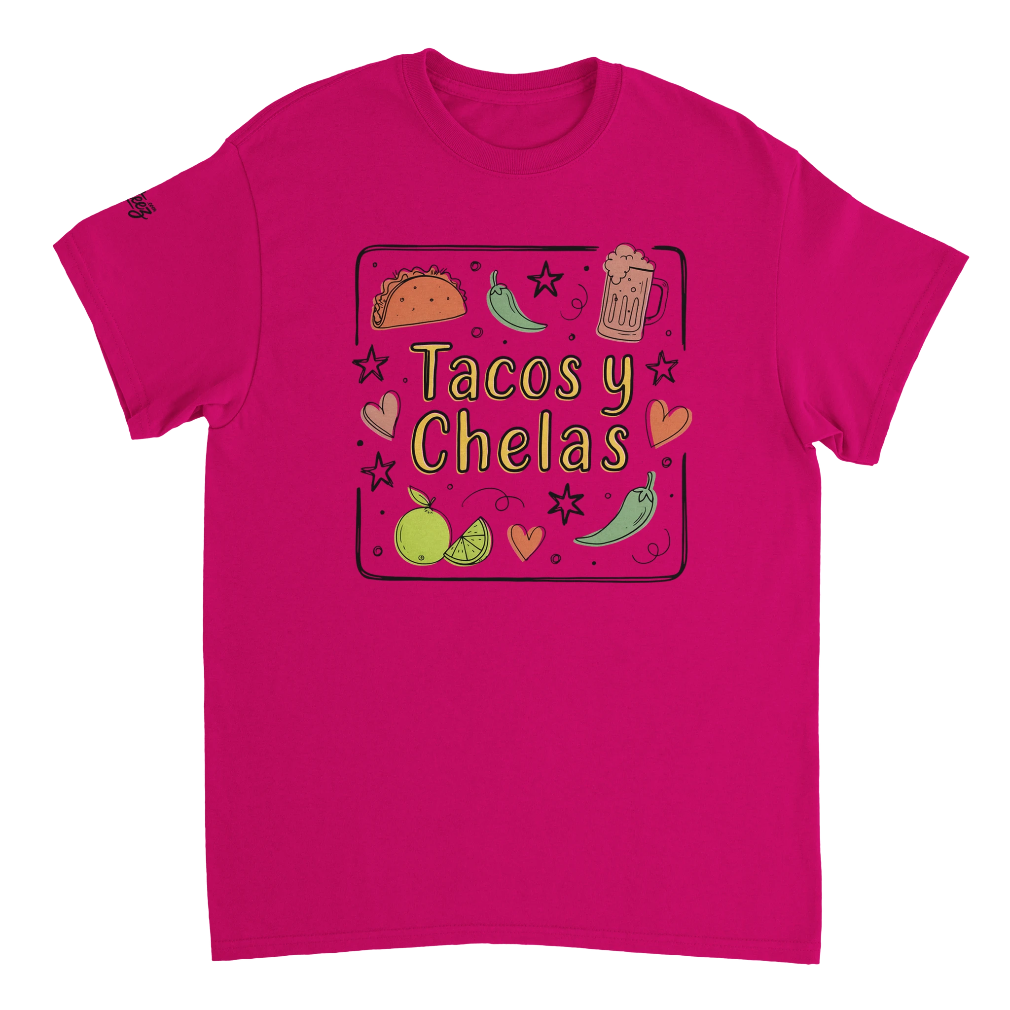 Tacos y Chelas doodle art Latina graphic tee Style 3 - Gildan 5000 heavyweight t-shirt mockup