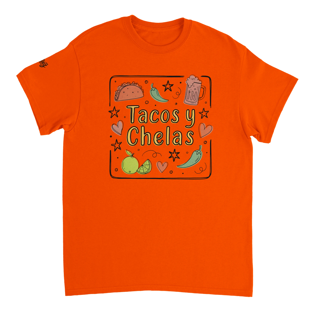 Tacos y Chelas doodle art Latina graphic tee Style 3 - Gildan 5000 heavyweight t-shirt mockup