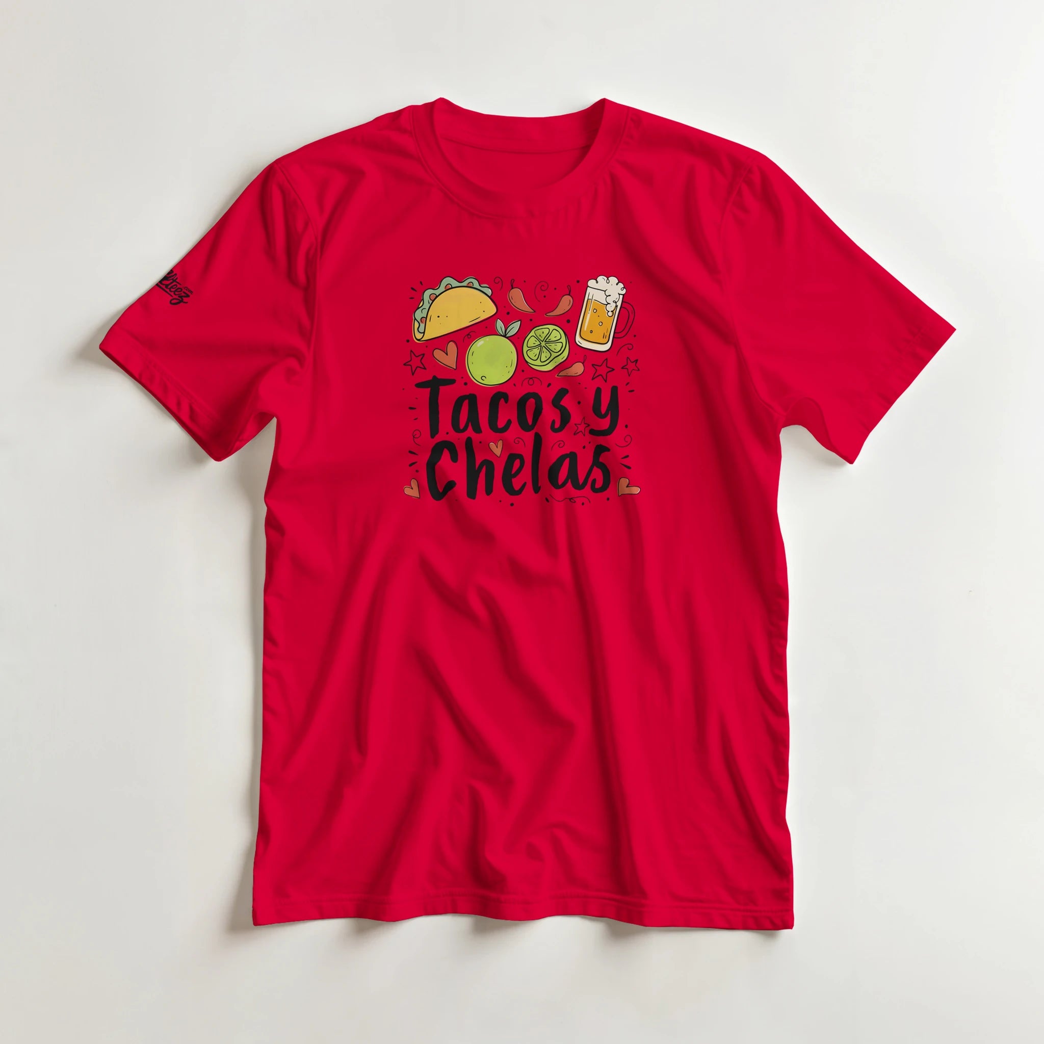 Tacos y Chelas doodle art Latina graphic tee Style 2 - Gildan 5000 heavyweight t-shirt mockup