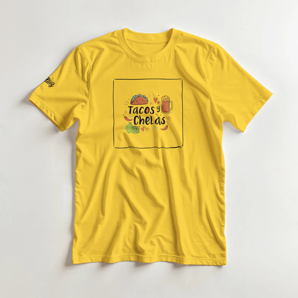 Tacos y Chelas doodle art Latina graphic tee Style 1 - Gildan 5000 heavyweight t-shirt mockup