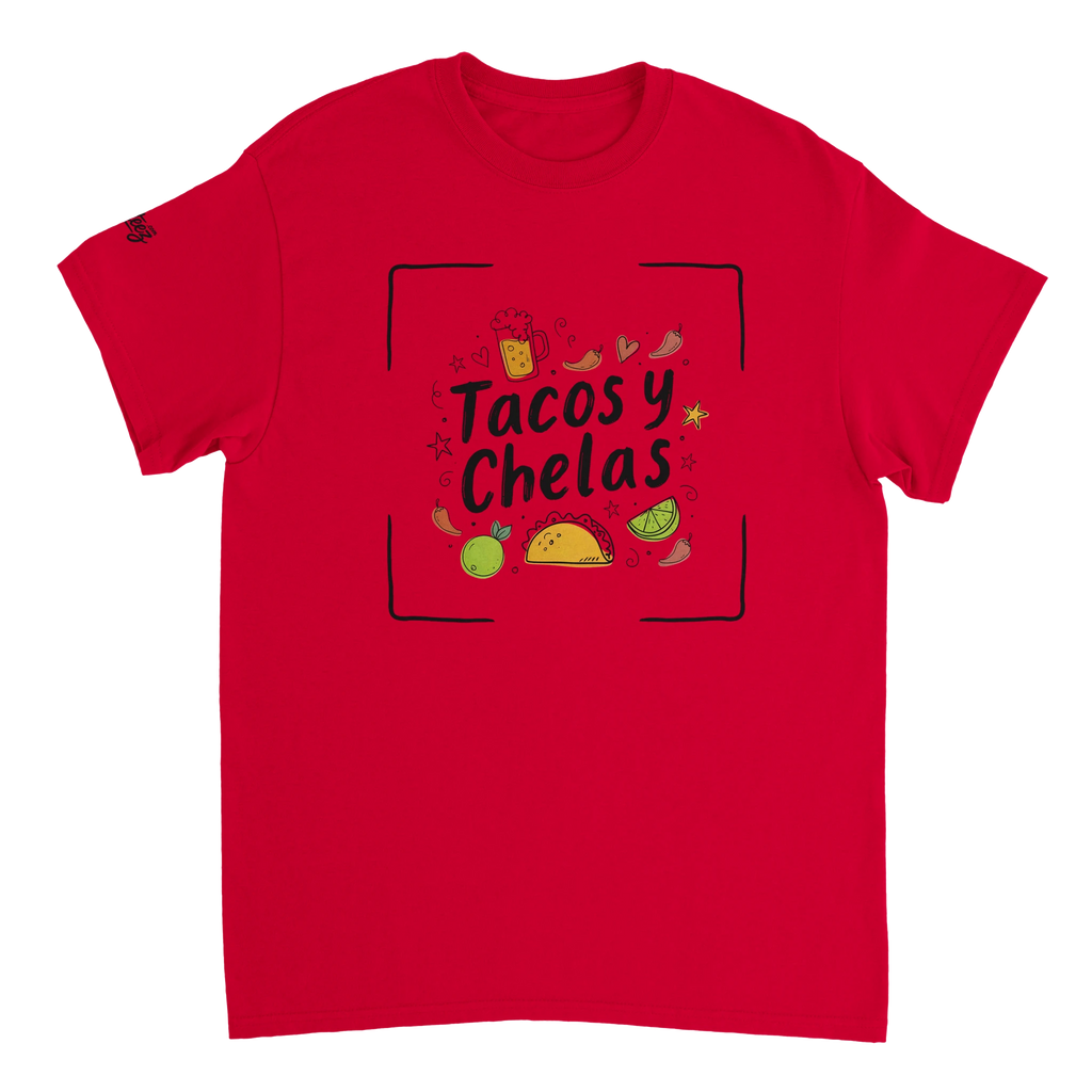 Tacos y Chelas doodle art Latina graphic tee Style 4 - Gildan 5000 heavyweight t-shirt mockup