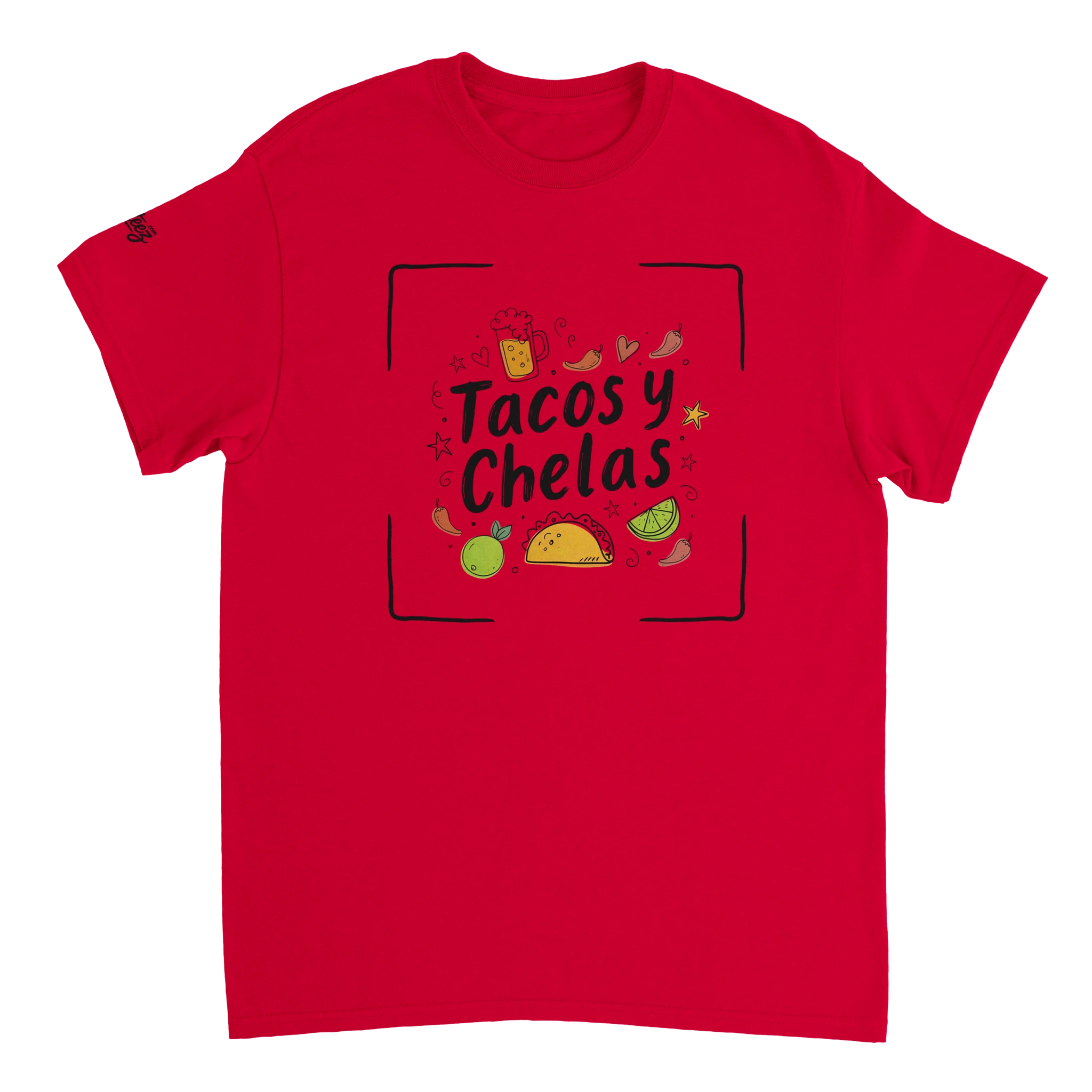 Tacos y Chelas doodle art Latina graphic tee Style 4 - Gildan 5000 heavyweight t-shirt mockup