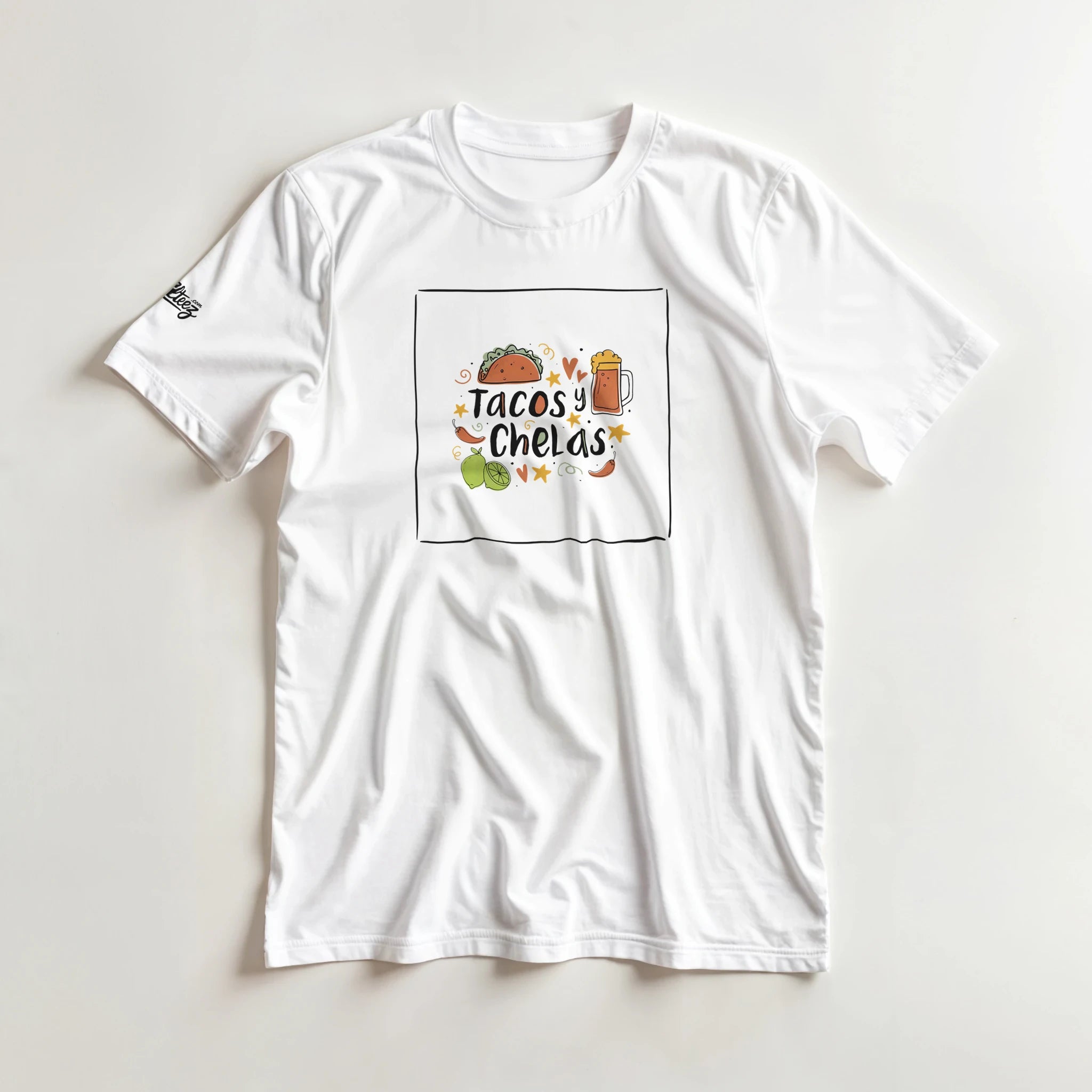 Tacos y Chelas doodle art Latina graphic tee Style 1 - Gildan 5000 heavyweight t-shirt mockup