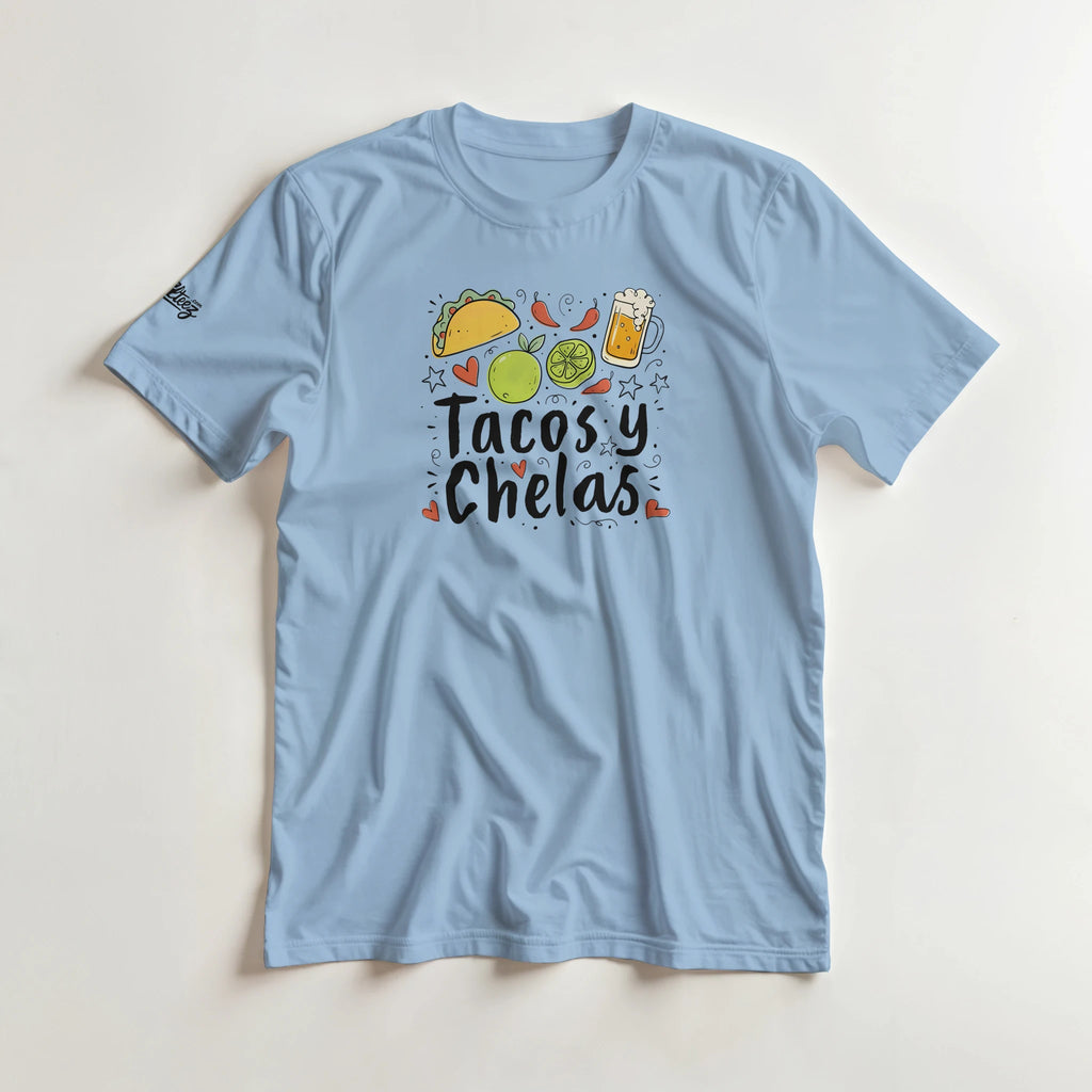 Tacos y Chelas doodle art Latina graphic tee Style 2 - Gildan 5000 heavyweight t-shirt mockup