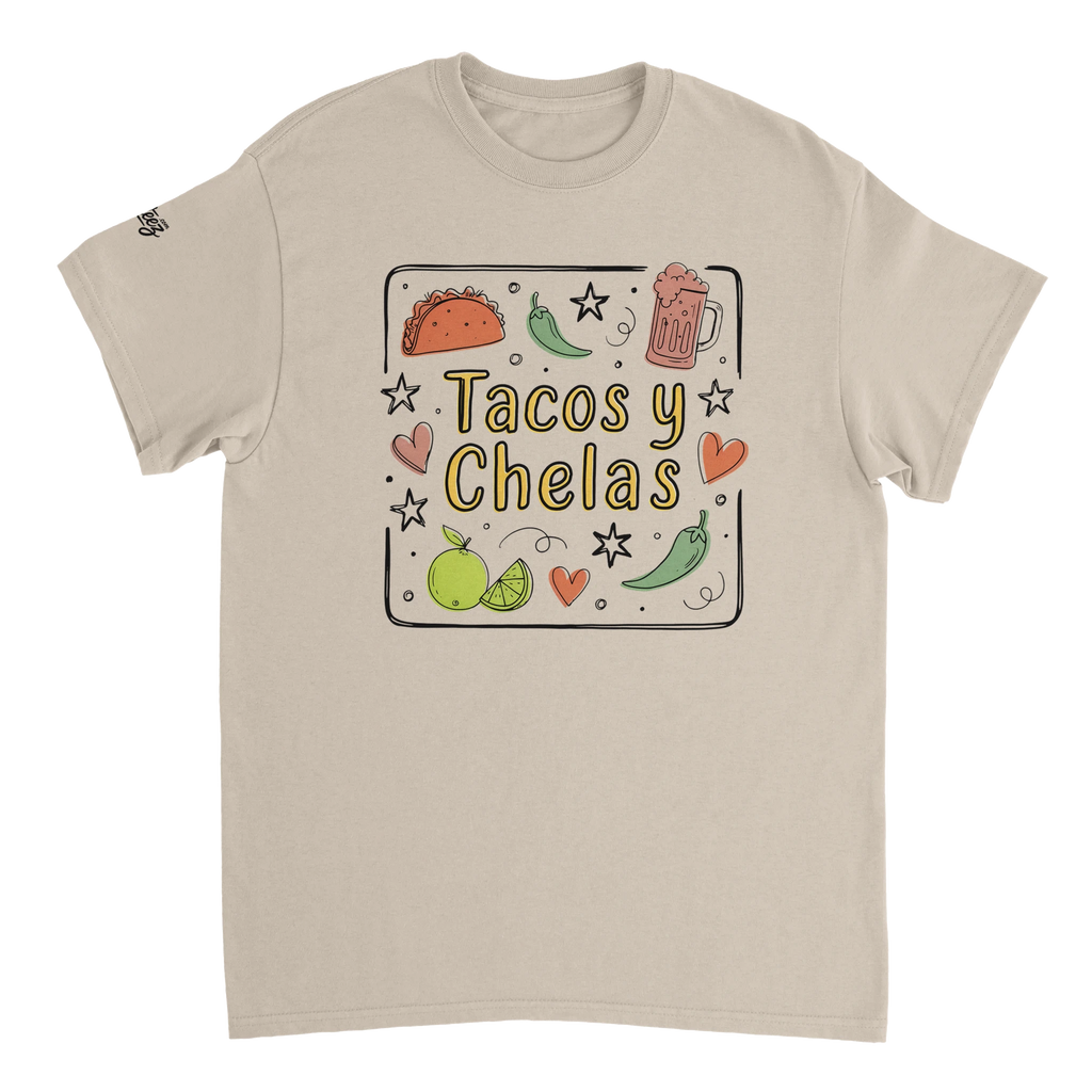 Tacos y Chelas doodle art Latina graphic tee Style 3 - Gildan 5000 heavyweight t-shirt mockup