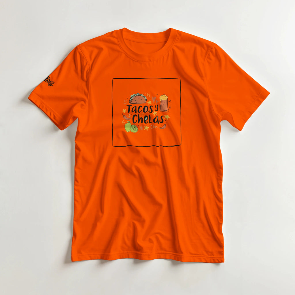 Tacos y Chelas doodle art Latina graphic tee Style 1 - Gildan 5000 heavyweight t-shirt mockup