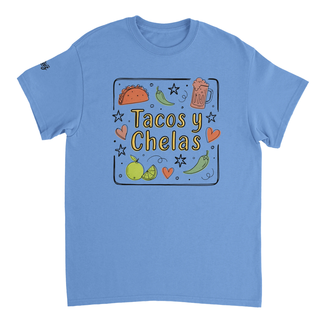 Tacos y Chelas doodle art Latina graphic tee Style 3 - Gildan 5000 heavyweight t-shirt mockup