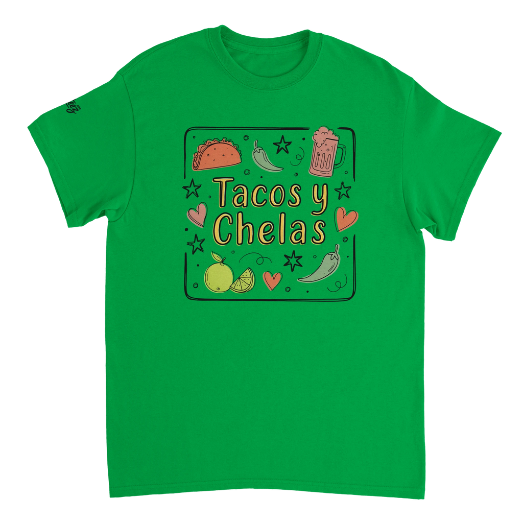 Tacos y Chelas doodle art Latina graphic tee Style 3 - Gildan 5000 heavyweight t-shirt mockup