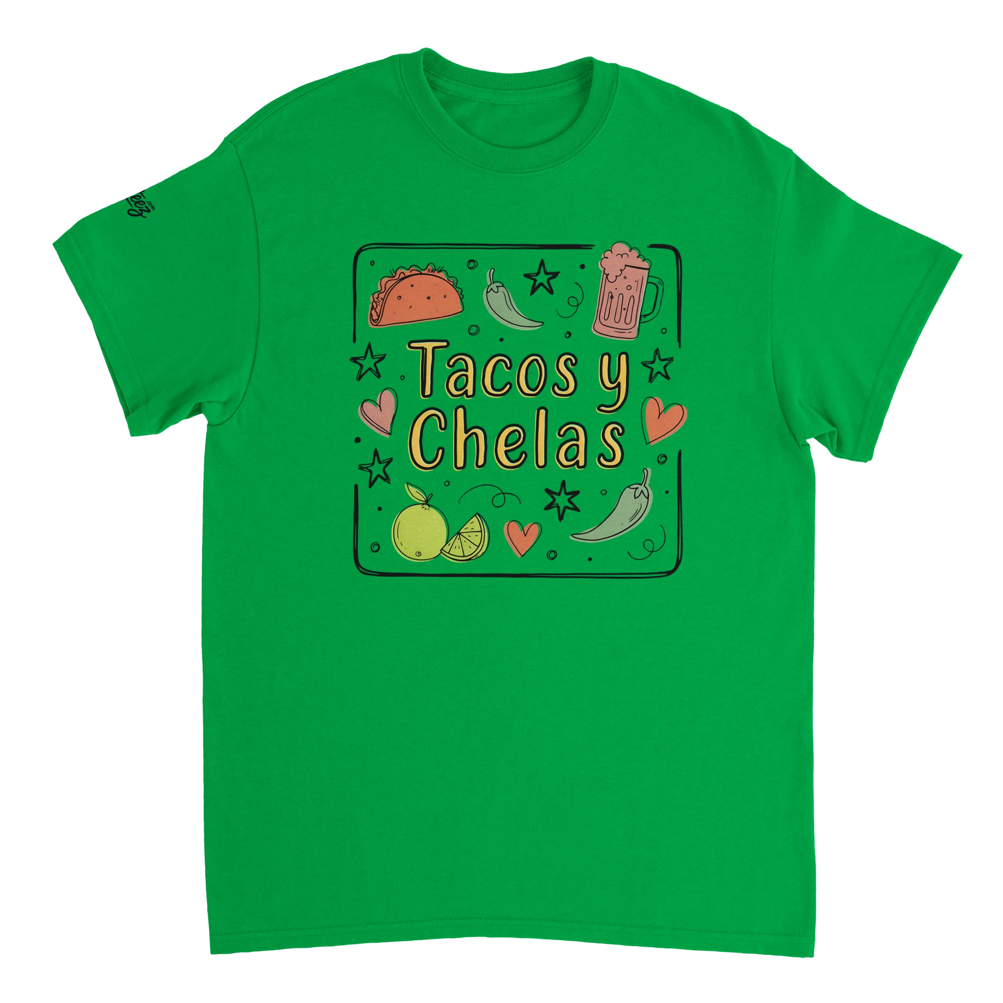 Tacos y Chelas doodle art Latina graphic tee Style 3 - Gildan 5000 heavyweight t-shirt mockup