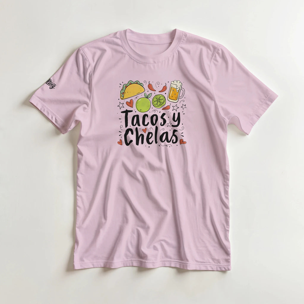 Tacos y Chelas doodle art Latina graphic tee Style 2 - Gildan 5000 heavyweight t-shirt mockup