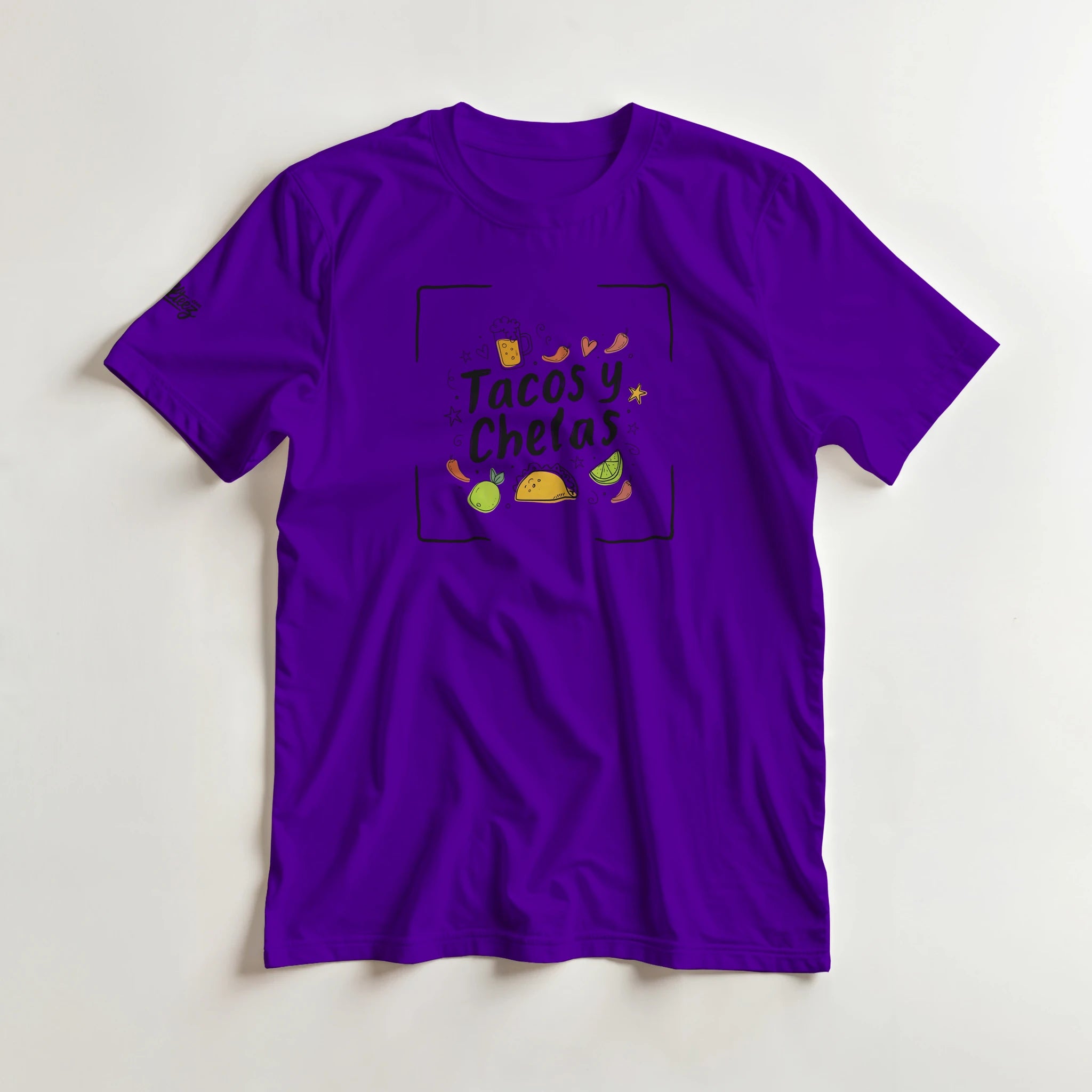 Tacos y Chelas doodle art Latina graphic tee Style 4 - Gildan 5000 heavyweight t-shirt mockup