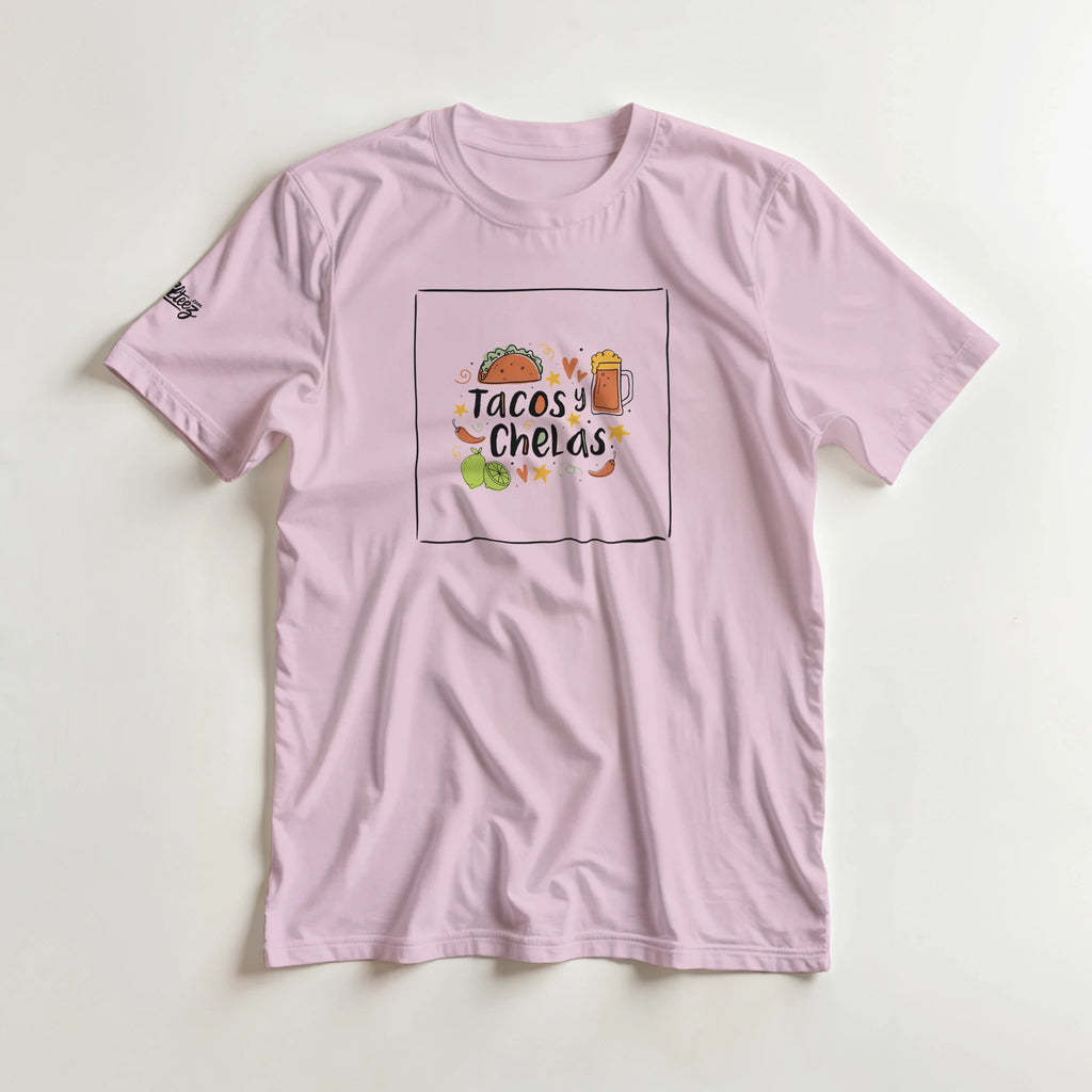 Tacos y Chelas doodle art Latina graphic tee Style 1 - Gildan 5000 heavyweight t-shirt mockup