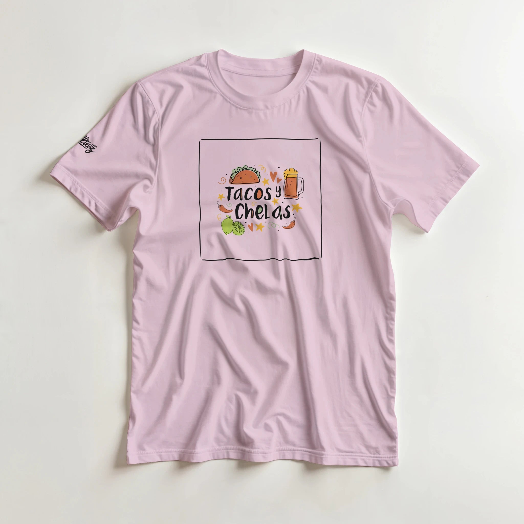 Tacos y Chelas doodle art Latina graphic tee Style 1 - Gildan 5000 heavyweight t-shirt mockup