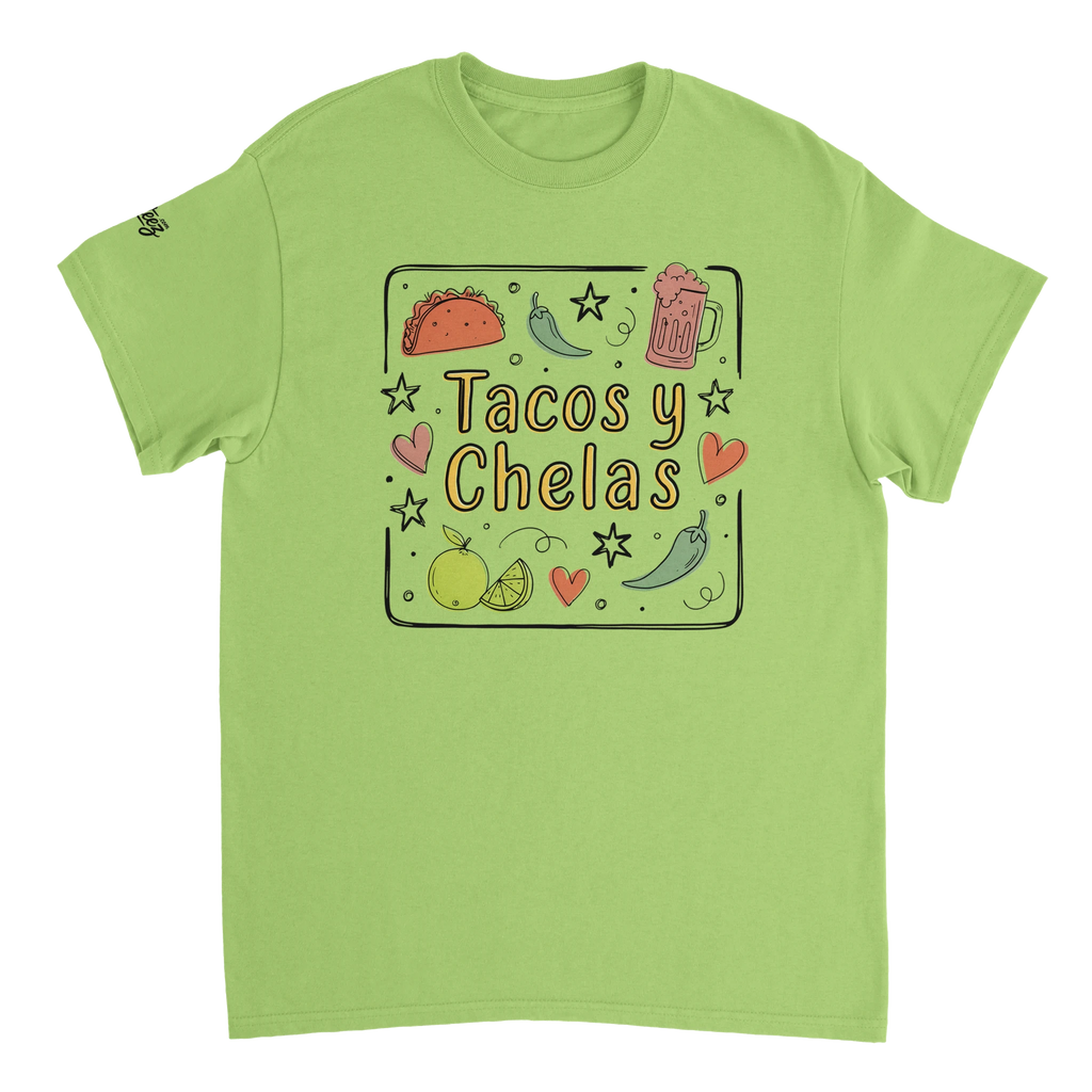 Tacos y Chelas doodle art Latina graphic tee Style 3 - Gildan 5000 heavyweight t-shirt mockup