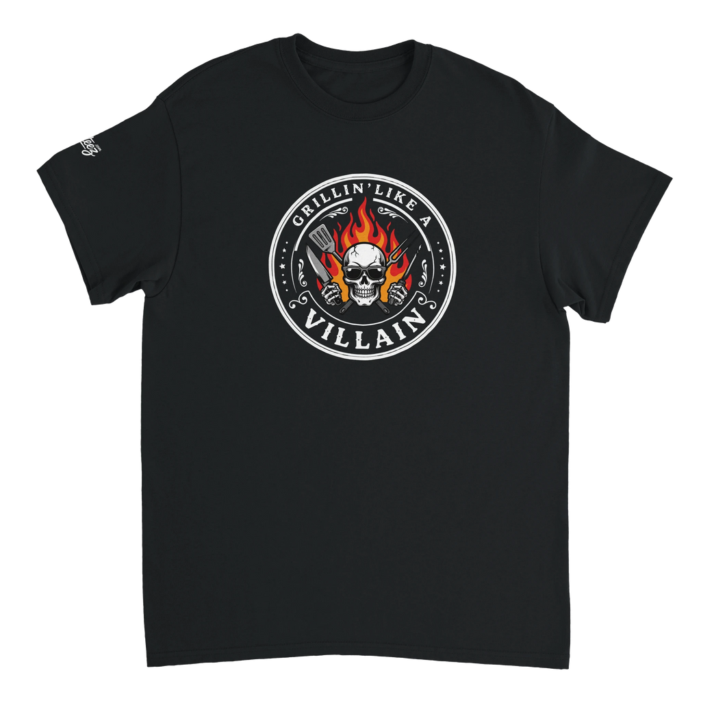 Grillin Like A Villain BBQ tee - flaming skull and crossed grill tools on dark shirt