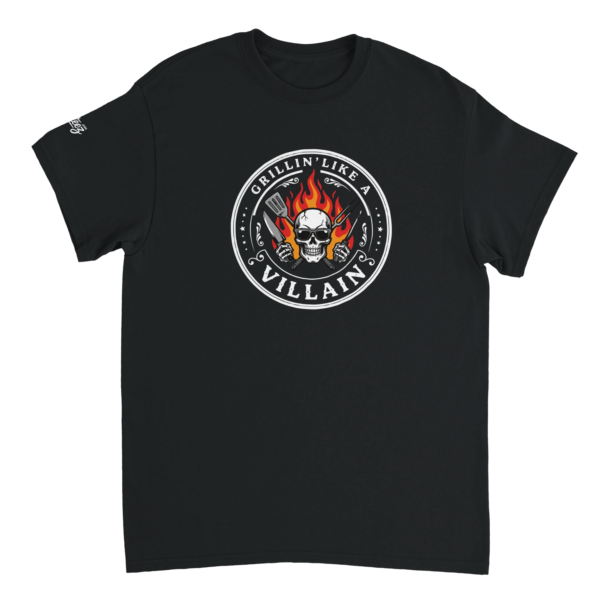 Grillin Like A Villain BBQ tee - flaming skull and crossed grill tools on dark shirt