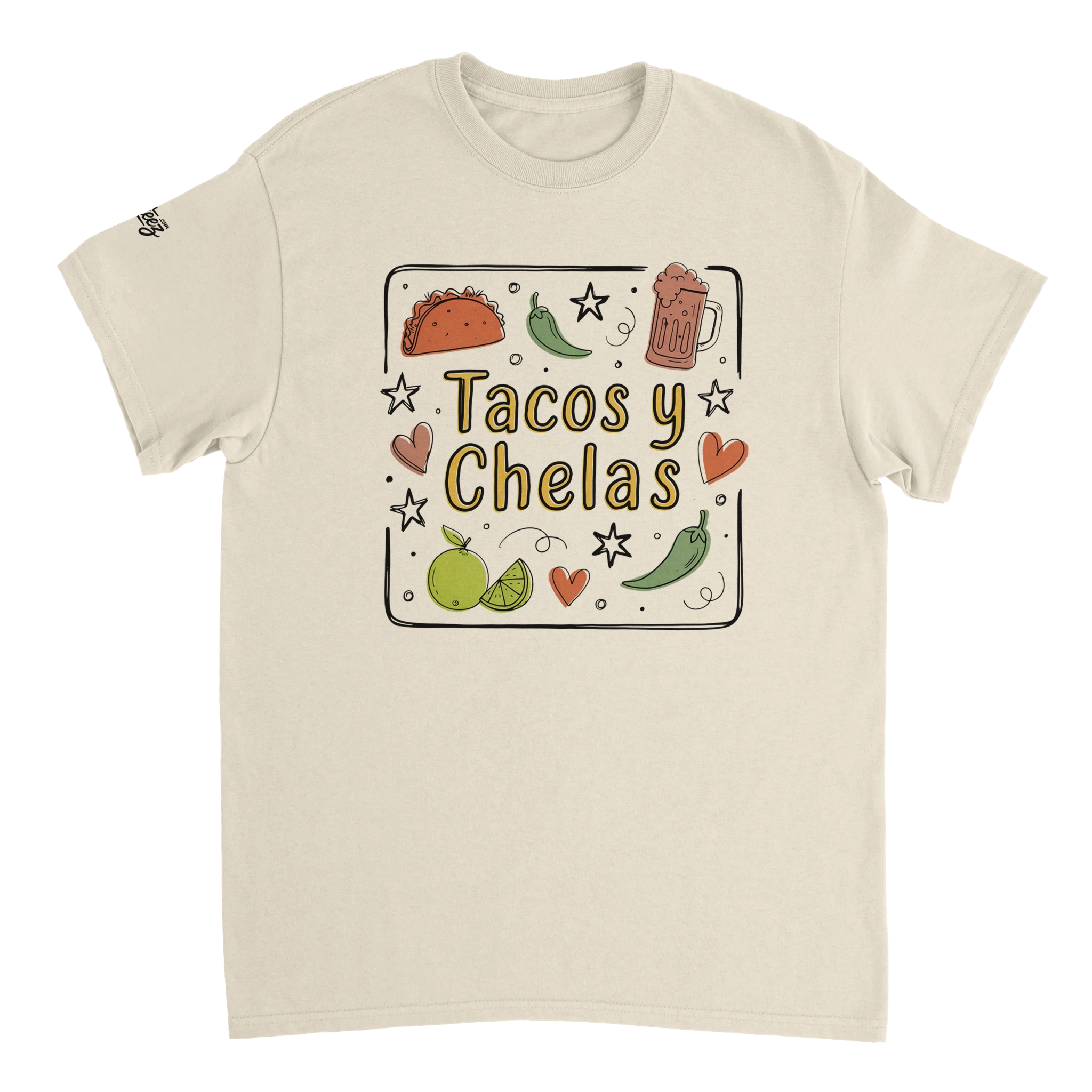 Tacos y Chelas doodle art Latina graphic tee Style 3 - Gildan 5000 heavyweight t-shirt mockup