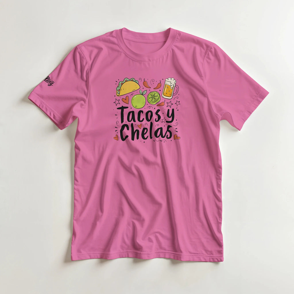 Tacos y Chelas doodle art Latina graphic tee Style 2 - Gildan 5000 heavyweight t-shirt mockup